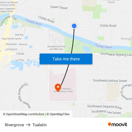 Rivergrove to Tualatin map