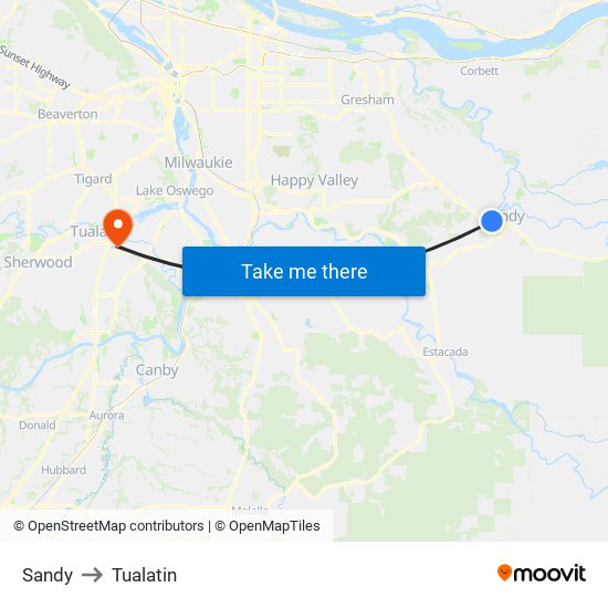 Sandy to Tualatin map