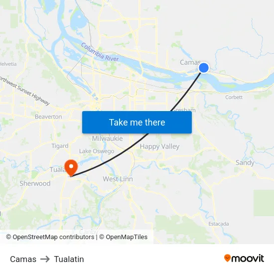 Camas to Tualatin map