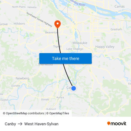 Canby to West Haven-Sylvan map