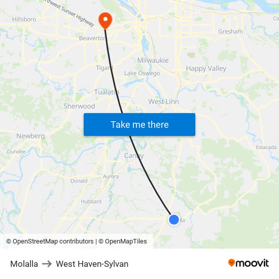 Molalla to West Haven-Sylvan map