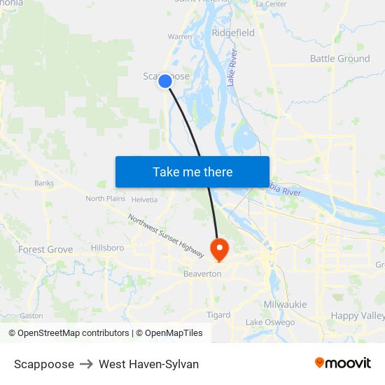 Scappoose to West Haven-Sylvan map