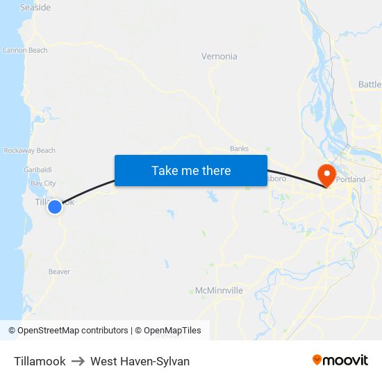 Tillamook to West Haven-Sylvan map