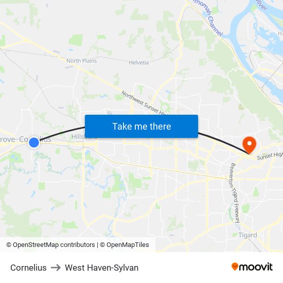 Cornelius to West Haven-Sylvan map