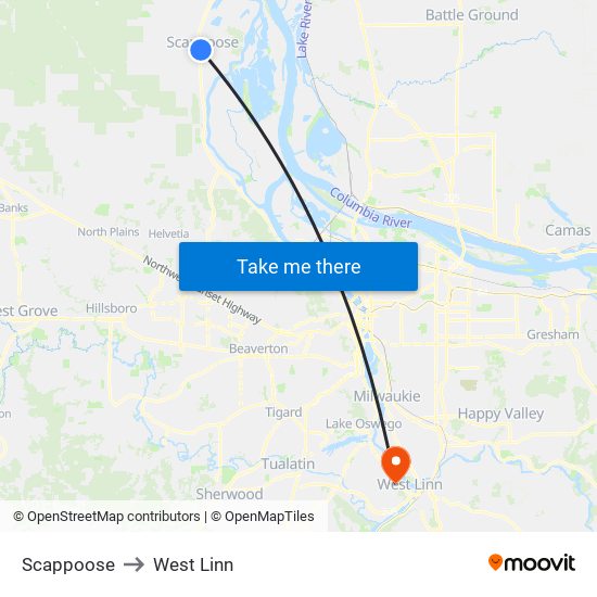 Scappoose to West Linn map