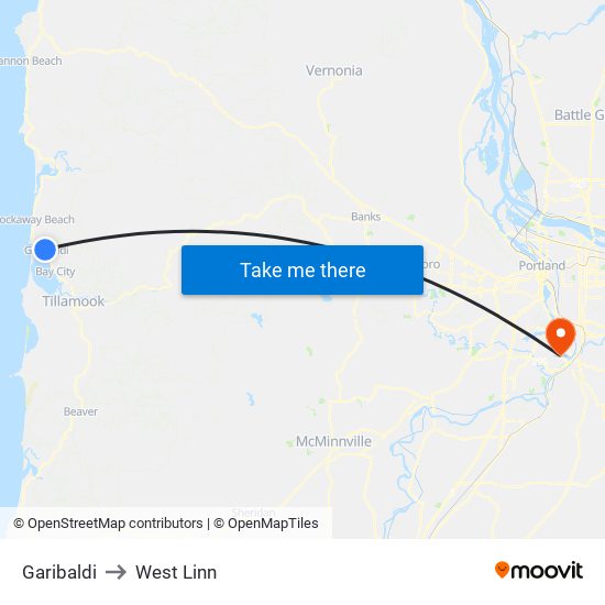 Garibaldi to West Linn map