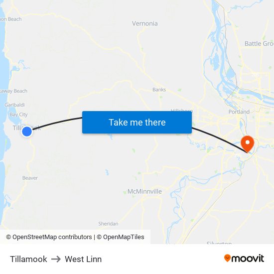 Tillamook to West Linn map