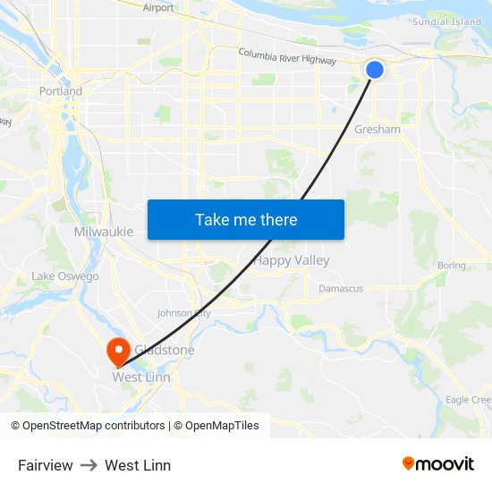 Fairview to West Linn map