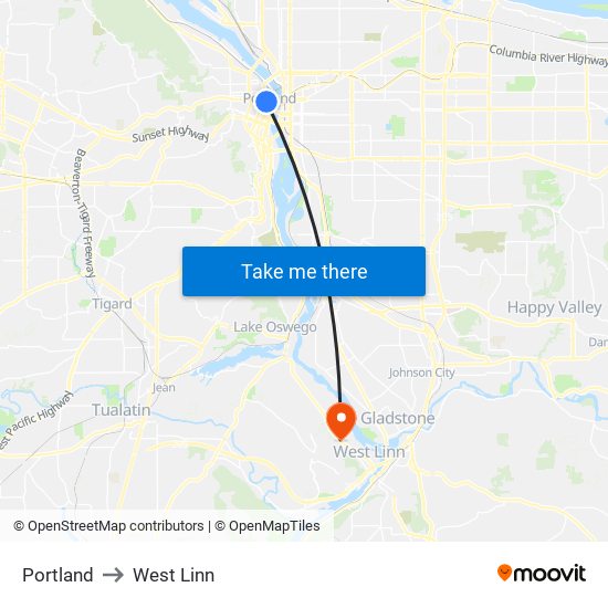 Portland to West Linn map