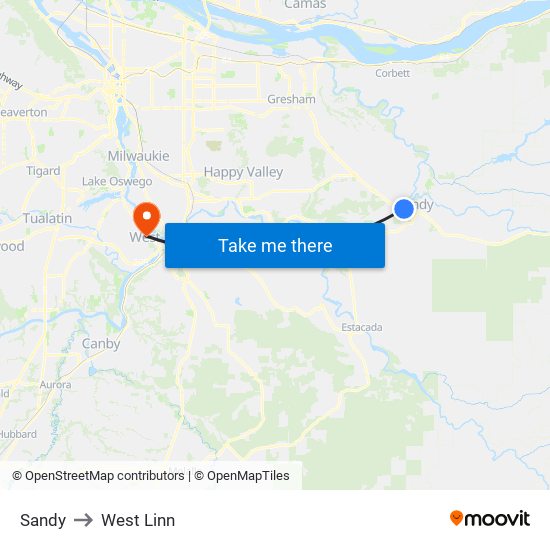 Sandy to West Linn map