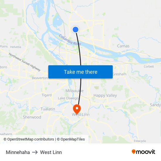 Minnehaha to West Linn map