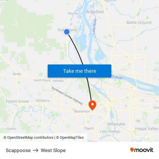 Scappoose to West Slope map