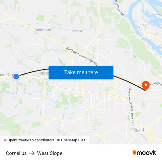 Cornelius to West Slope map