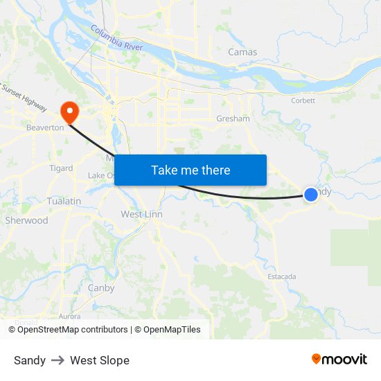 Sandy to West Slope map