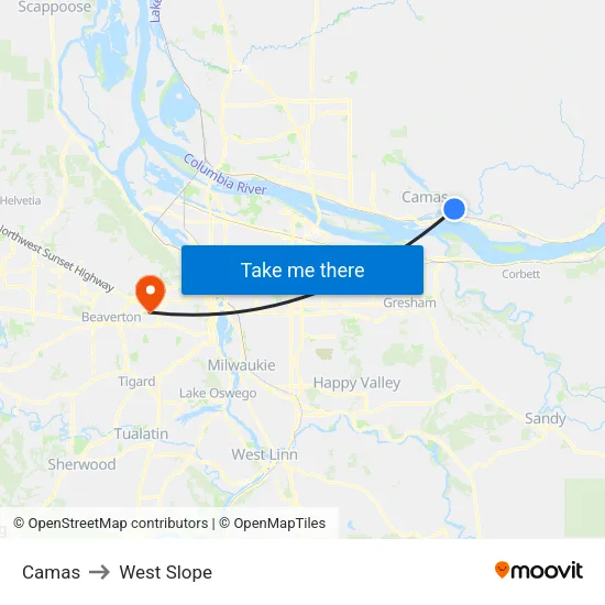 Camas to West Slope map