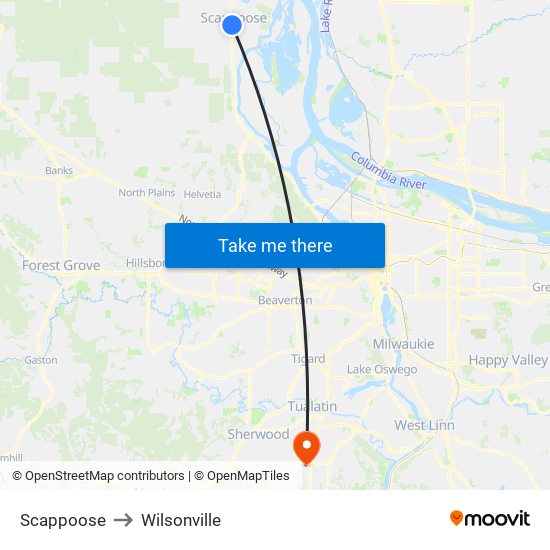 Scappoose to Wilsonville map