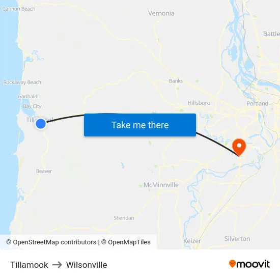 Tillamook to Wilsonville map