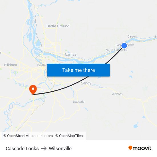 Cascade Locks to Wilsonville map