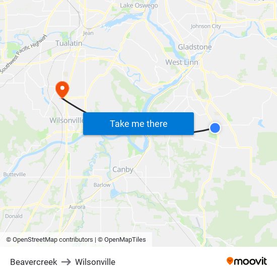 Beavercreek to Wilsonville map
