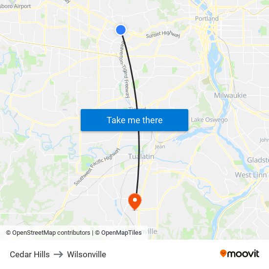 Cedar Hills to Wilsonville map