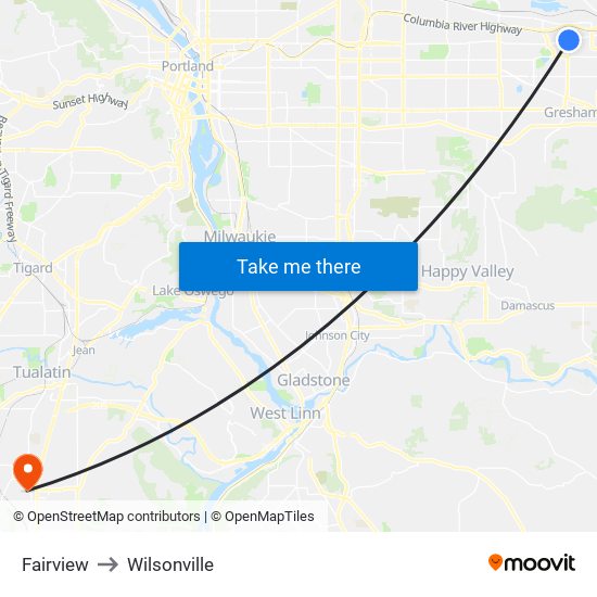 Fairview to Wilsonville map