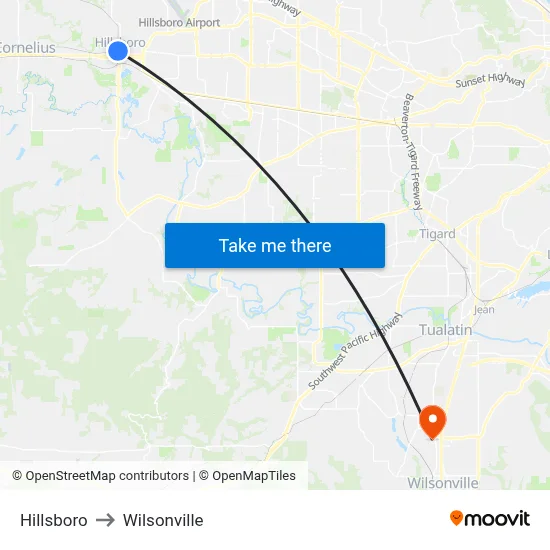 Hillsboro to Wilsonville map