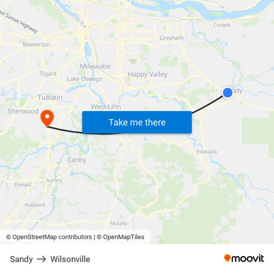 Sandy to Wilsonville map