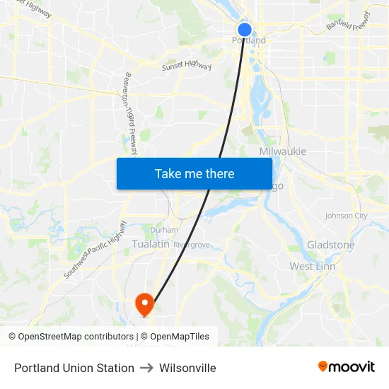 Portland Union Station to Wilsonville map
