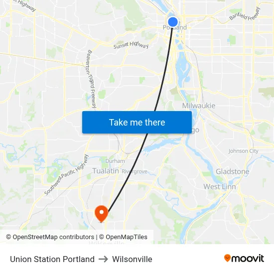 Union Station Portland to Wilsonville map