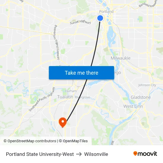 Portland State University-West to Wilsonville map