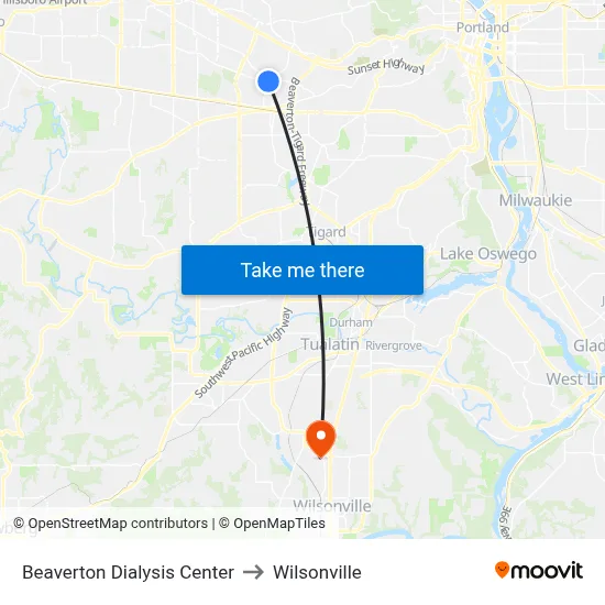 Beaverton Dialysis Center to Wilsonville map
