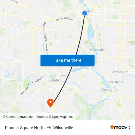 Pioneer Square North to Wilsonville map