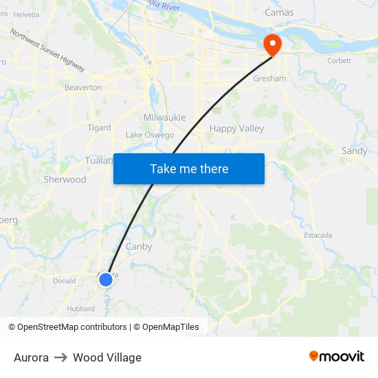 Aurora to Wood Village map