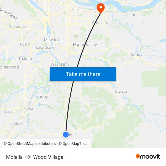 Molalla to Wood Village map