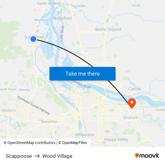 Scappoose to Wood Village map