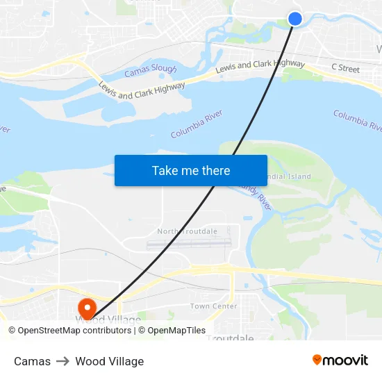 Camas to Wood Village map