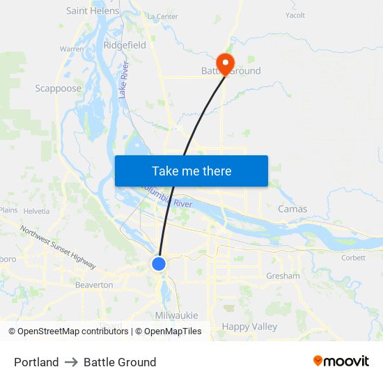 Portland to Battle Ground map