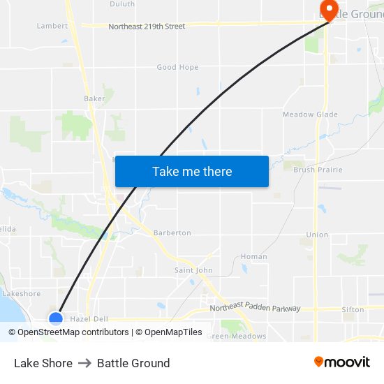 Lake Shore to Battle Ground map