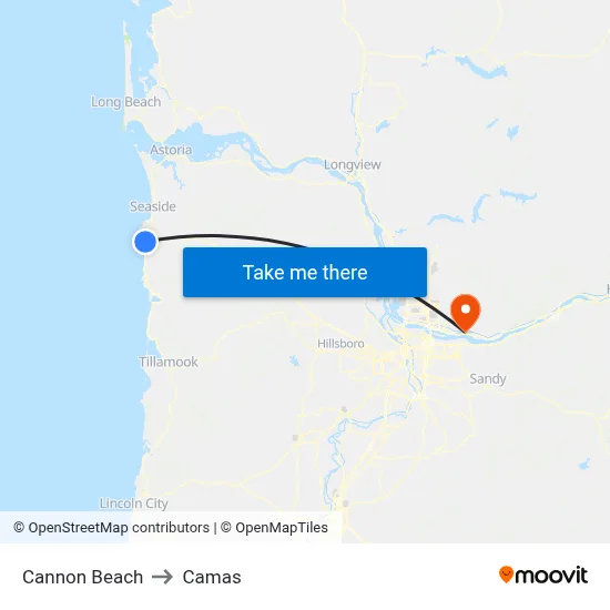 Cannon Beach to Camas map