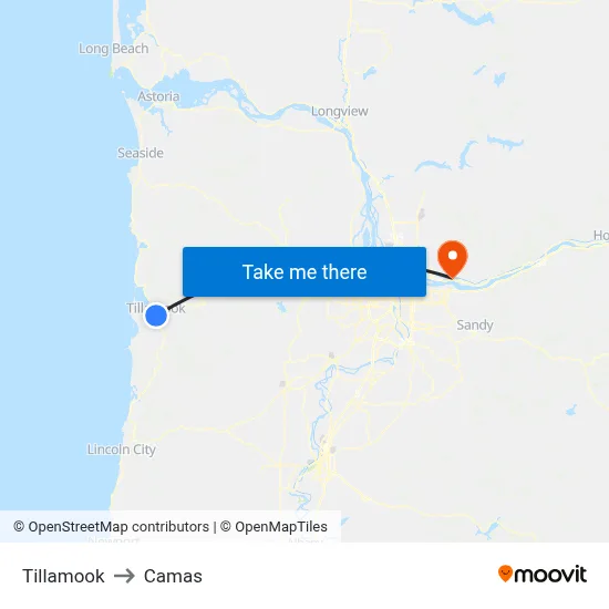 Tillamook to Camas map