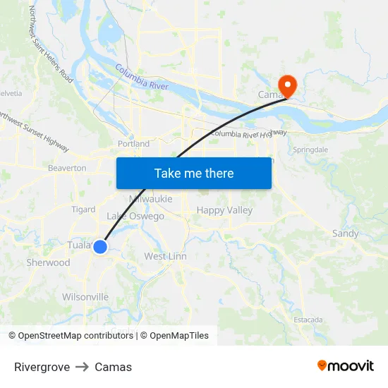 Rivergrove to Camas map