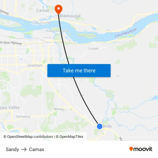 Sandy to Camas map