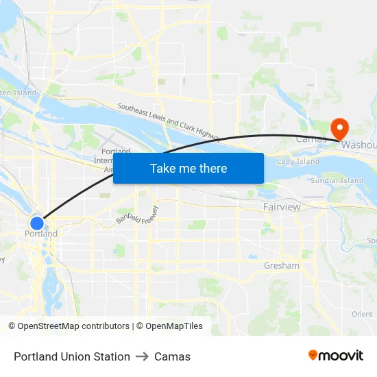 Portland Union Station to Camas map