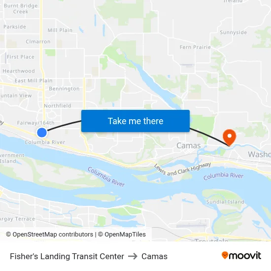 Fisher's Landing Transit Center to Camas map