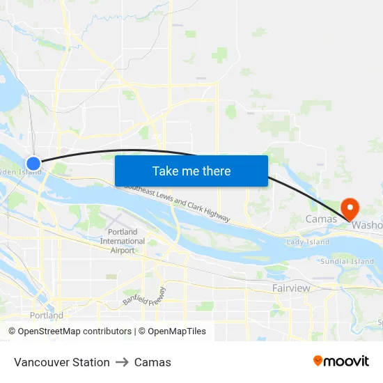 Vancouver Station to Camas map