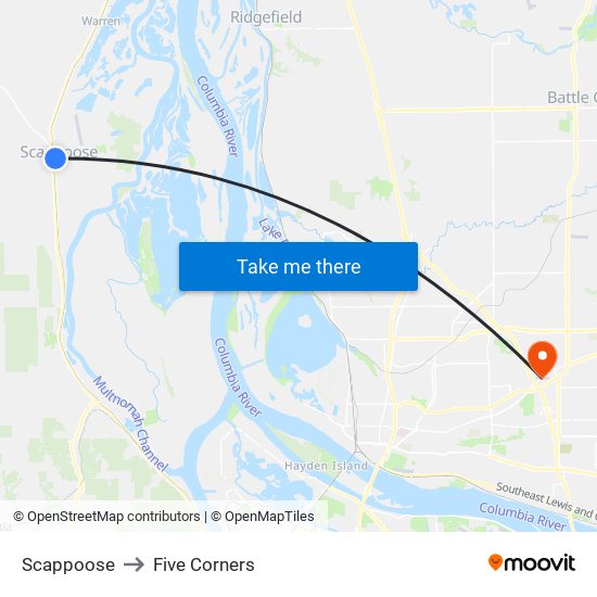 Scappoose to Five Corners map