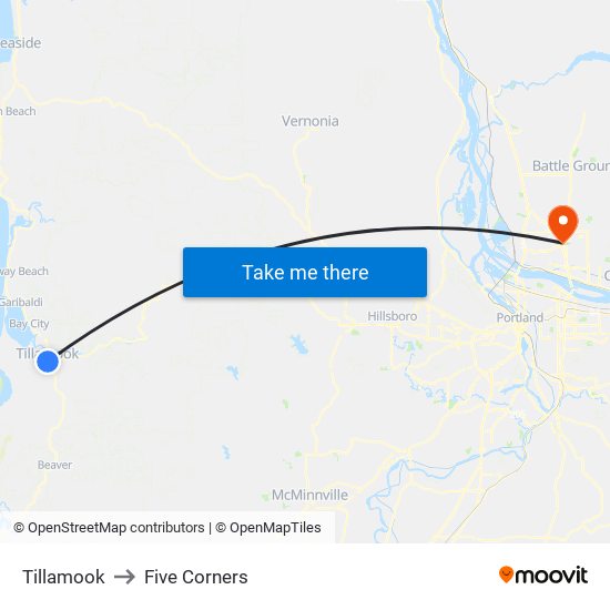 Tillamook to Five Corners map