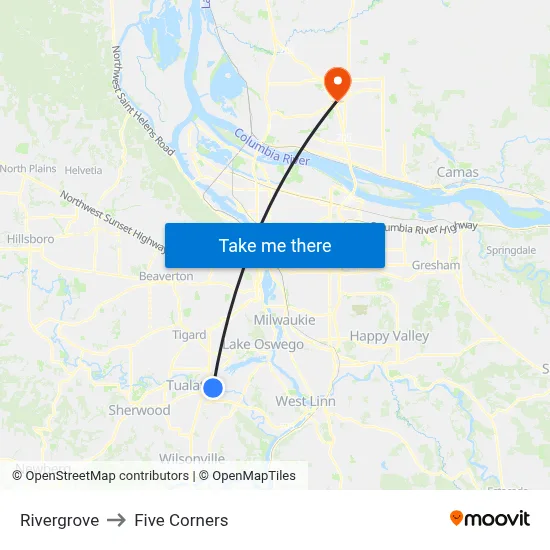 Rivergrove to Five Corners map