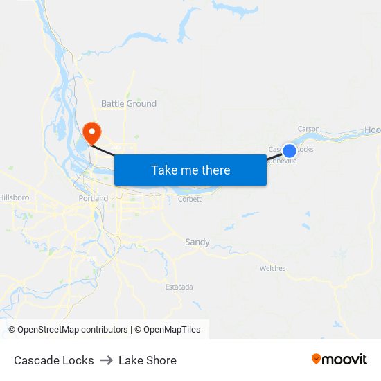 Cascade Locks to Lake Shore map