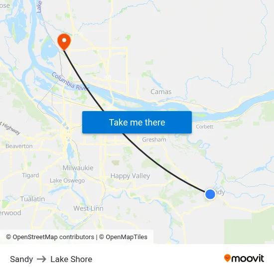 Sandy to Lake Shore map